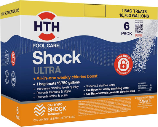 HTH 52040B Swimming Pool Care Shock Ultra, Cal Hypo Formula, 1lb (6 Pack) - Pool Chemicals for Effective Pool Maintenance