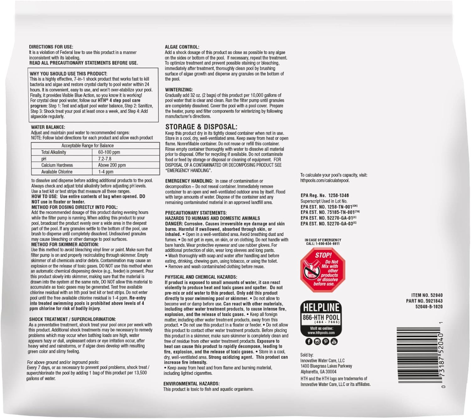 HTH 52040B Swimming Pool Care Shock Ultra, Cal Hypo Formula, 1lb (6 Pack) - Pool Chemicals for Effective Pool Maintenance