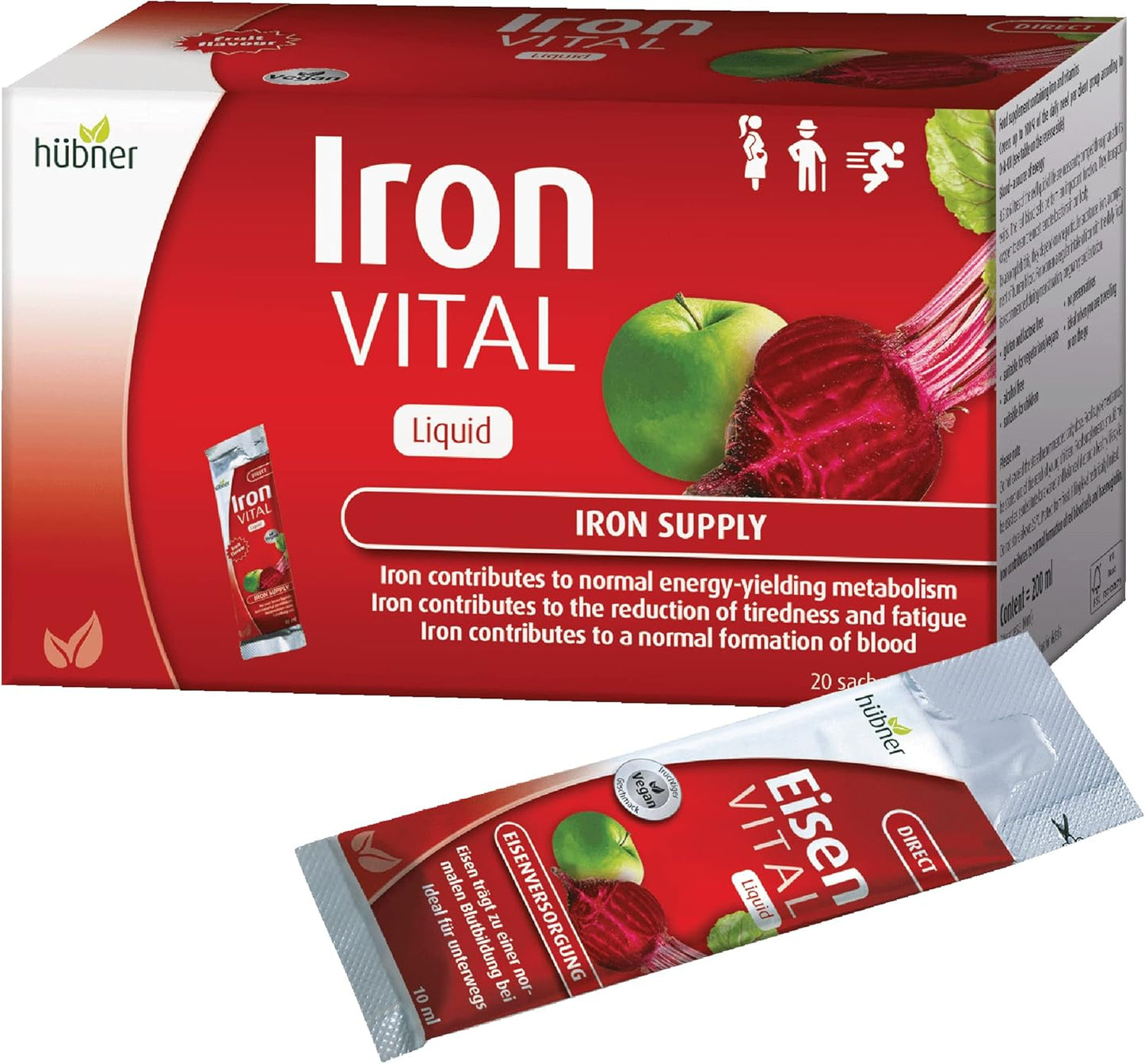 Hubner Iron Vital Liquid: Vegan Iron Supplement with Vitamin C for Adults & Kids, Gluten-Free, Fruit Flavor - 20 Packets, 10ml Each