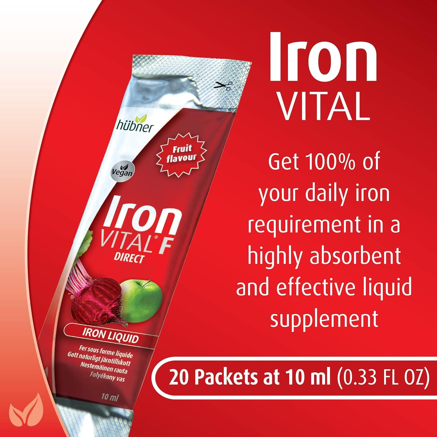 Hubner Iron Vital Liquid: Vegan Iron Supplement with Vitamin C for Adults & Kids, Gluten-Free, Fruit Flavor - 20 Packets, 10ml Each