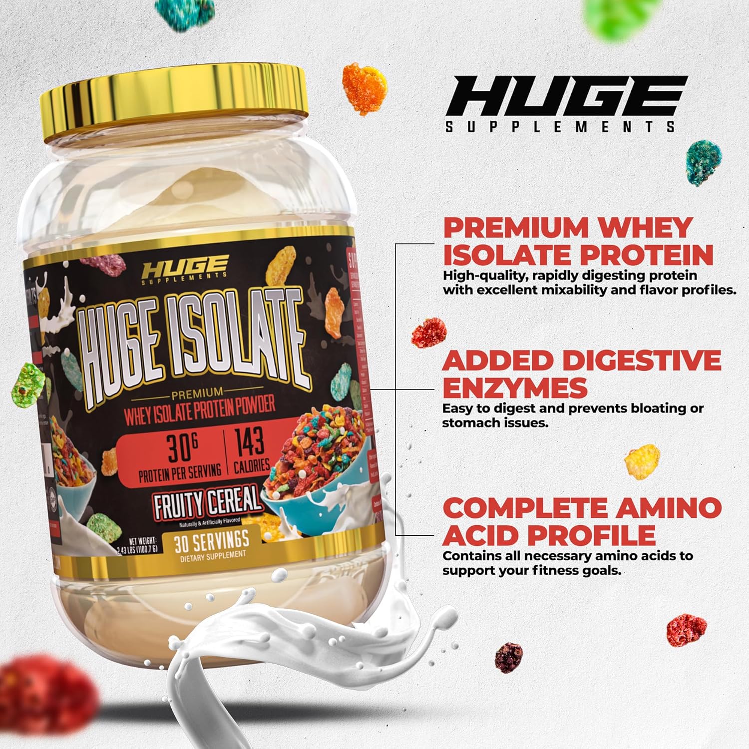 Huge Supplements Fruity Cereal Isolate Protein Powder - 30g Protein, Fast Digesting, 14.5g Amino Acids - 30 Servings