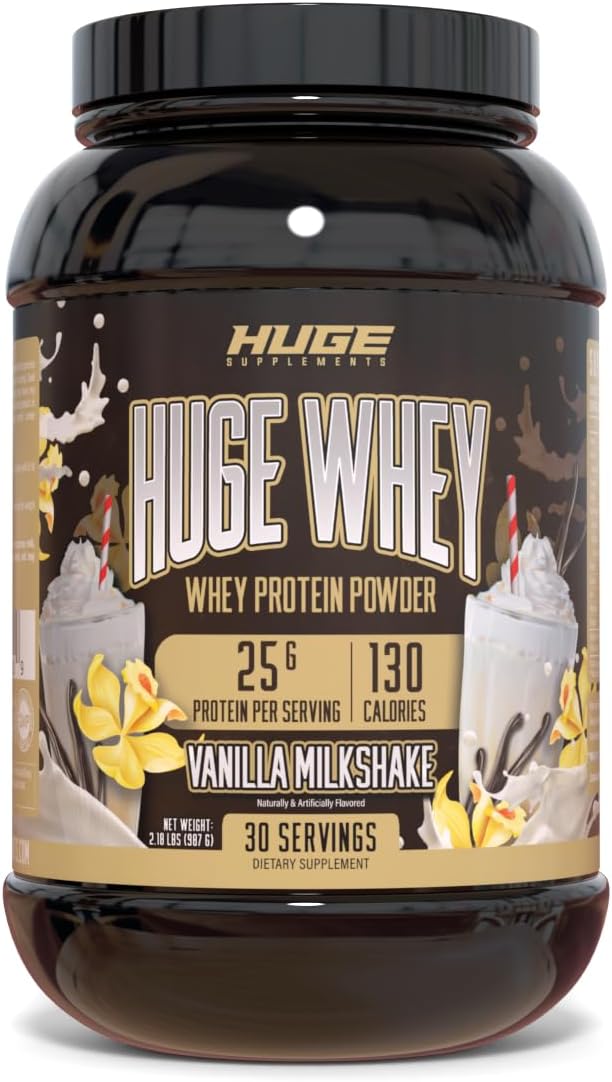 Huge Supplements Vanilla Milkshake Whey Protein Powder - 25g Protein, 12g EAAs, Muscle Growth & Recovery Support - 30 Servings