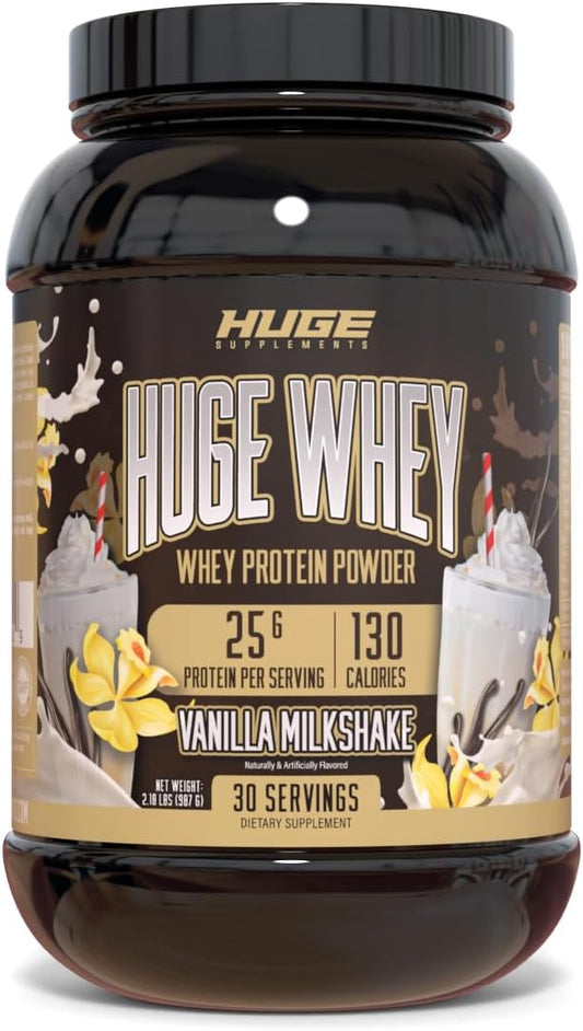 Huge Supplements Vanilla Milkshake Whey Protein Powder - 25g Protein, 12g EAAs, Muscle Growth & Recovery Support - 30 Servings