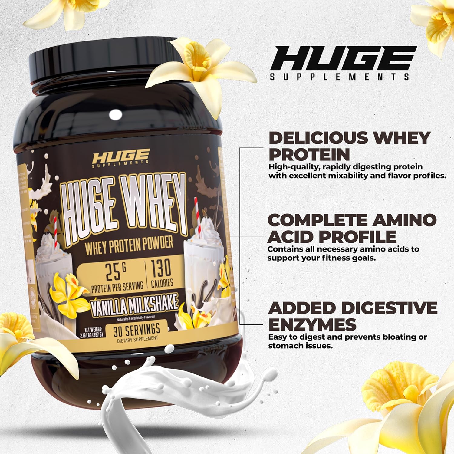 Huge Supplements Vanilla Milkshake Whey Protein Powder - 25g Protein, 12g EAAs, Muscle Growth & Recovery Support - 30 Servings