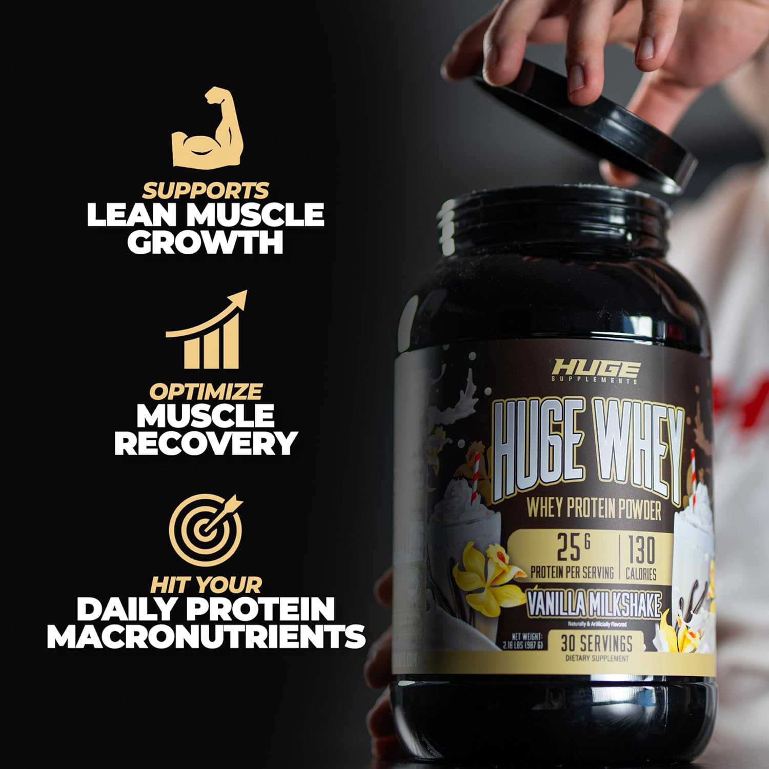 Huge Supplements Vanilla Milkshake Whey Protein Powder - 25g Protein, 12g EAAs, Muscle Growth & Recovery Support - 30 Servings