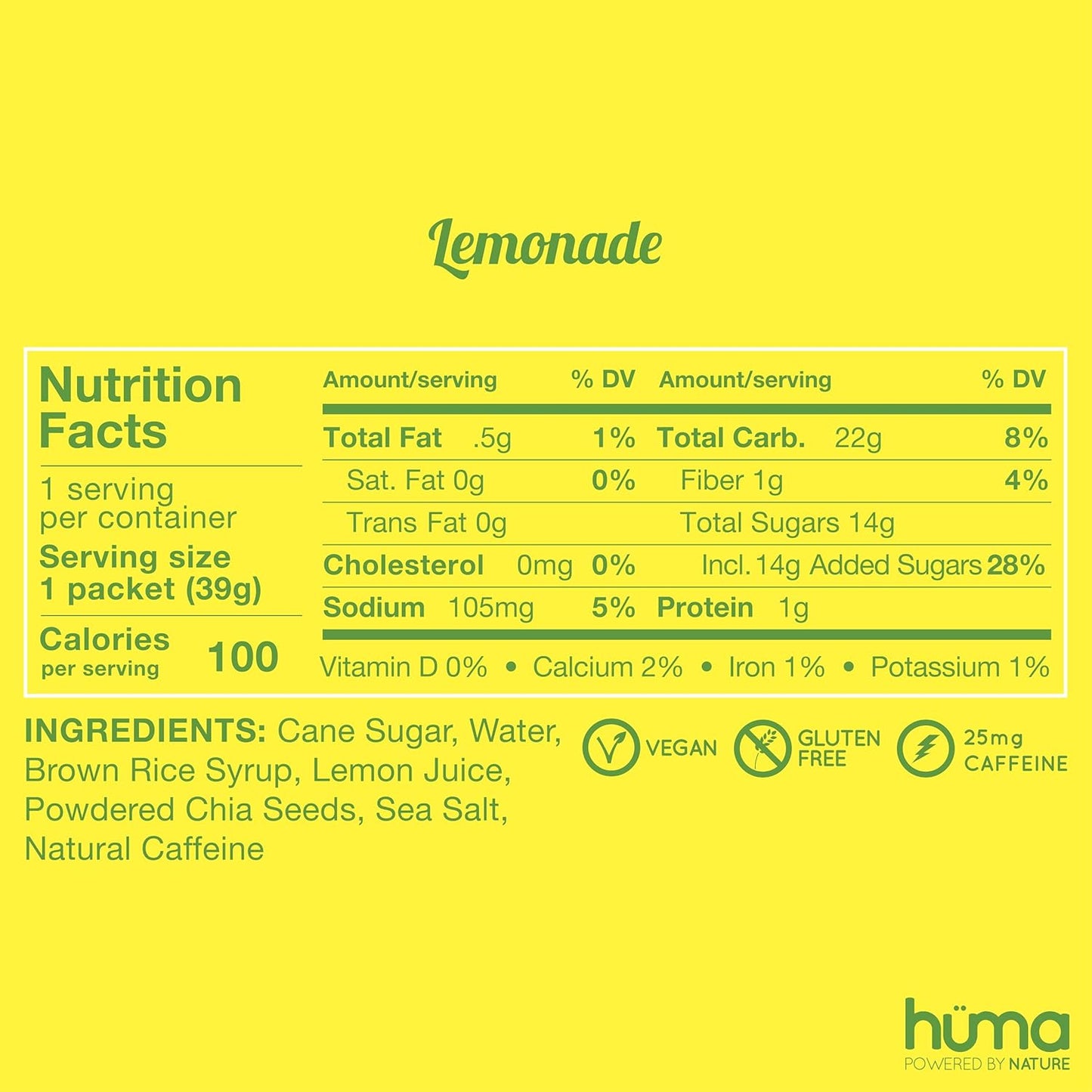 Huma Chia Energy Gel Lemonade 12-Pack with Caffeine - Endurance Exercise Nutrition