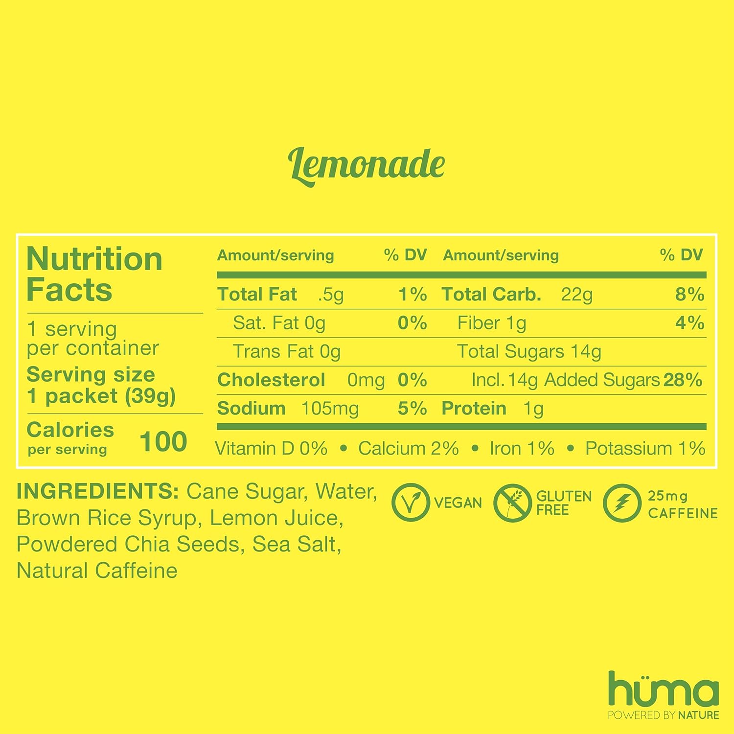 Huma Chia Energy Gel Lemonade 12-Pack with Caffeine - Endurance Exercise Nutrition