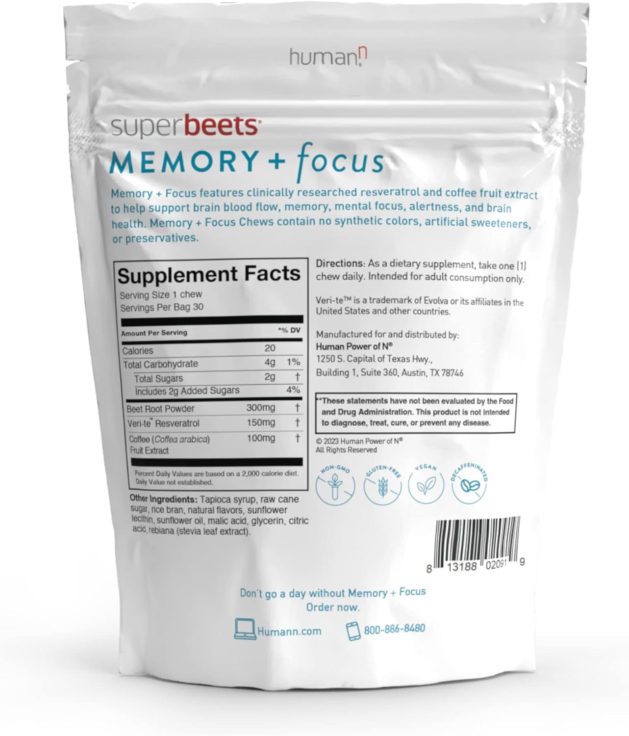 humanN SuperBeets Advanced Memory and Focus Chews - Boost Brain Function with Beetroot Extract and Clinically Researched Ingredients