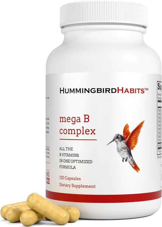 HummingbirdHabits Mega B Complex: Immune Support, Nerve Function, Energy Metabolism - 120 Vegan Capsules with Myo-Inositol & Choline