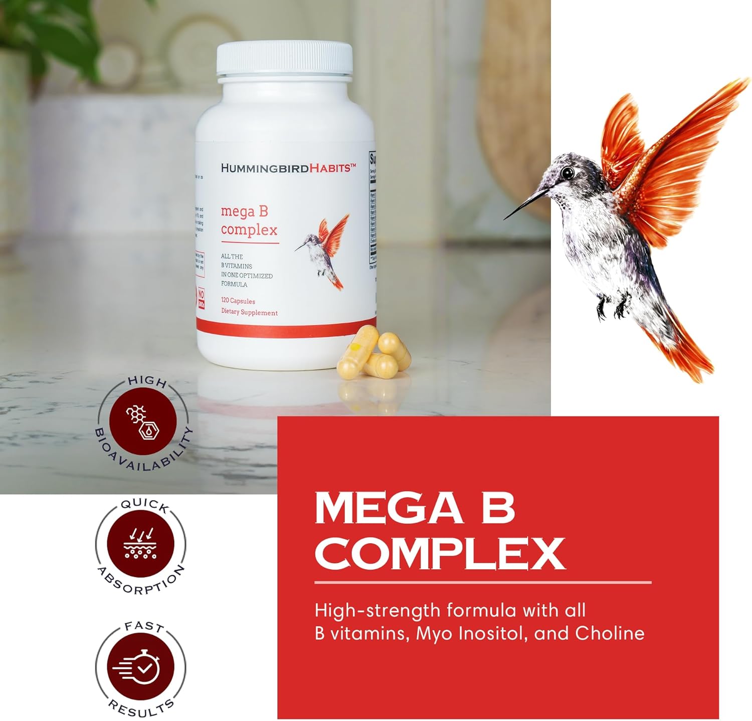 HummingbirdHabits Mega B Complex: Immune Support, Nerve Function, Energy Metabolism - 120 Vegan Capsules with Myo-Inositol & Choline