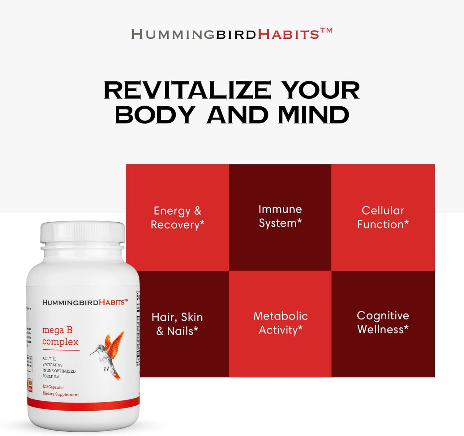 HummingbirdHabits Mega B Complex: Immune Support, Nerve Function, Energy Metabolism - 120 Vegan Capsules with Myo-Inositol & Choline