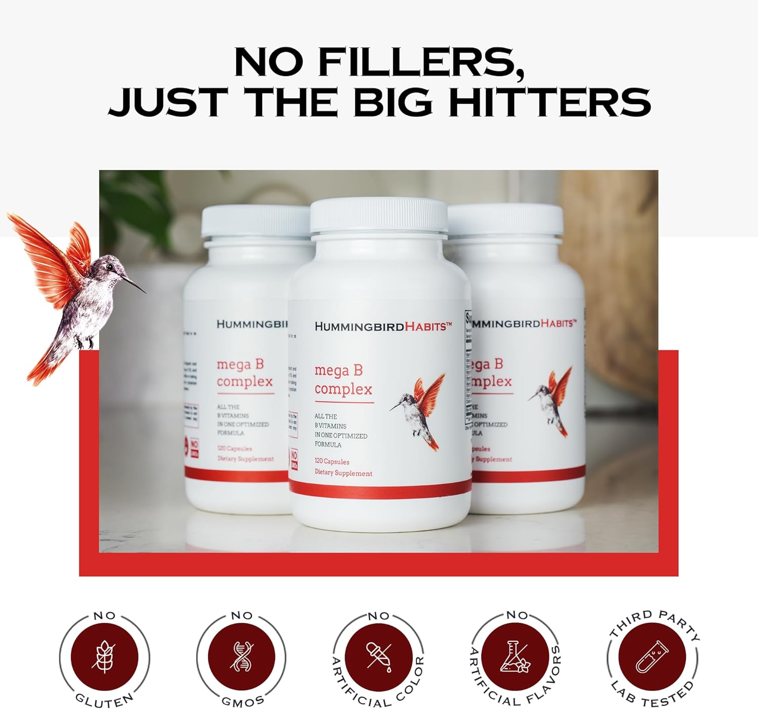 HummingbirdHabits Mega B Complex: Immune Support, Nerve Function, Energy Metabolism - 120 Vegan Capsules with Myo-Inositol & Choline