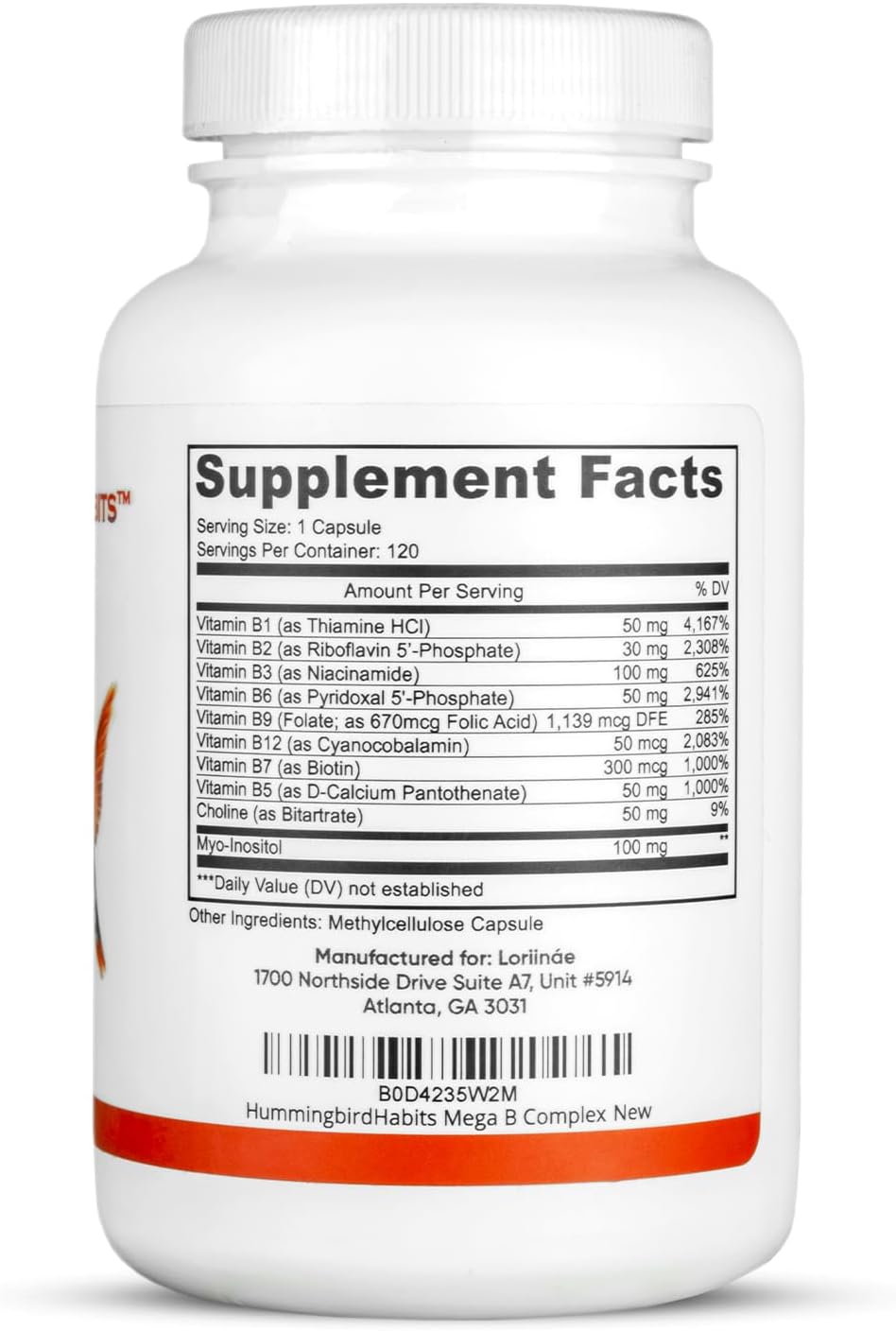 HummingbirdHabits Mega B Complex: Immune Support, Nerve Function, Energy Metabolism - 120 Vegan Capsules with Myo-Inositol & Choline