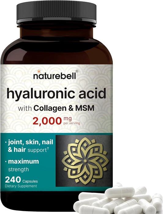 Hyaluronic Acid Supplements 2,000 mg with MSM & Collagen - 3 in 1 Support for Skin, Joints, Hair, and Eyes - 240 Capsules