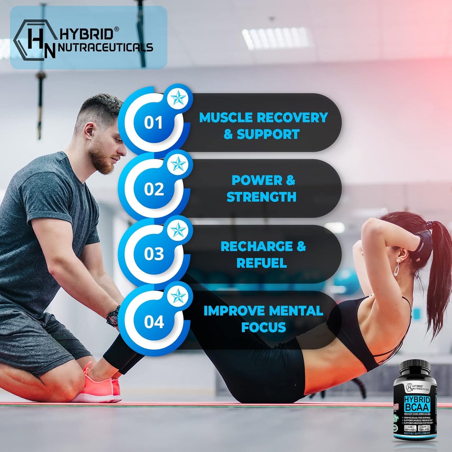 Hybrid BCAA 1000mg - Amino Acids Supplement with 2:1:1 Ratio - Vegan, Non-GMO - 120 Servings