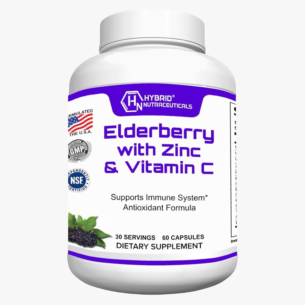 Hybrid Nutraceuticals Black Elderberry Capsules with Echinacea, Turmeric, Garlic, Zinc, Vitamins C, E, B6, Probiotics, L-Glutamine - 60 Caps