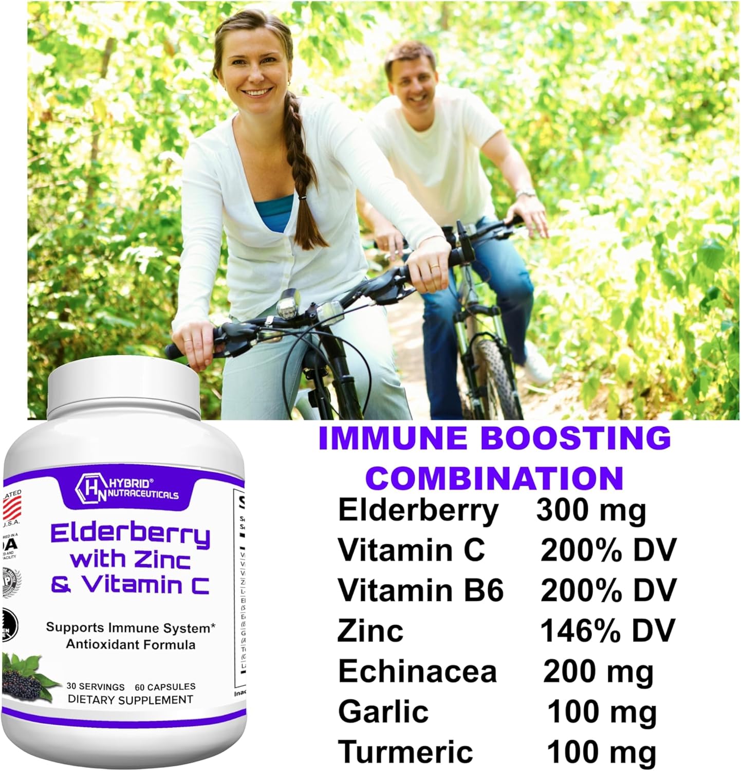 Hybrid Nutraceuticals Black Elderberry Capsules with Echinacea, Turmeric, Garlic, Zinc, Vitamins C, E, B6, Probiotics, L-Glutamine - 60 Caps