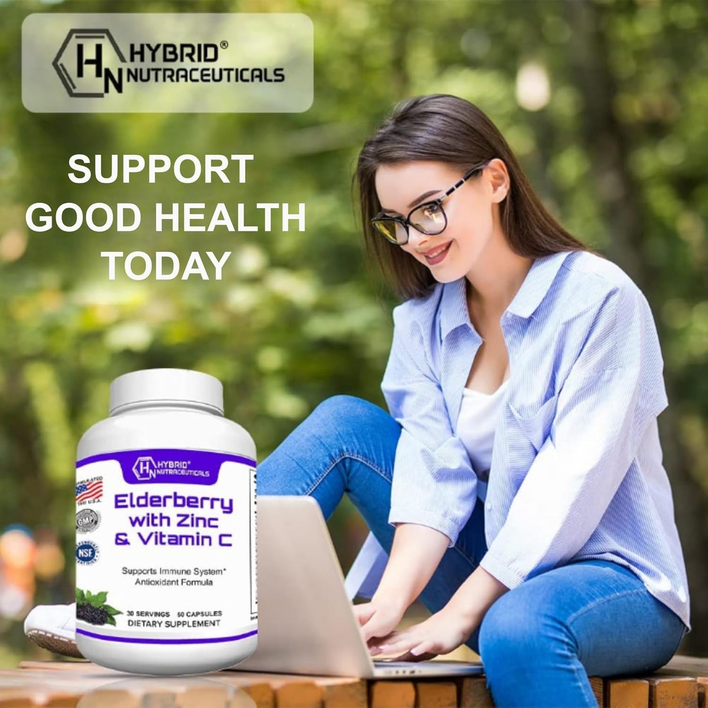 Hybrid Nutraceuticals Black Elderberry Capsules with Echinacea, Turmeric, Garlic, Zinc, Vitamins C, E, B6, Probiotics, L-Glutamine - 60 Caps