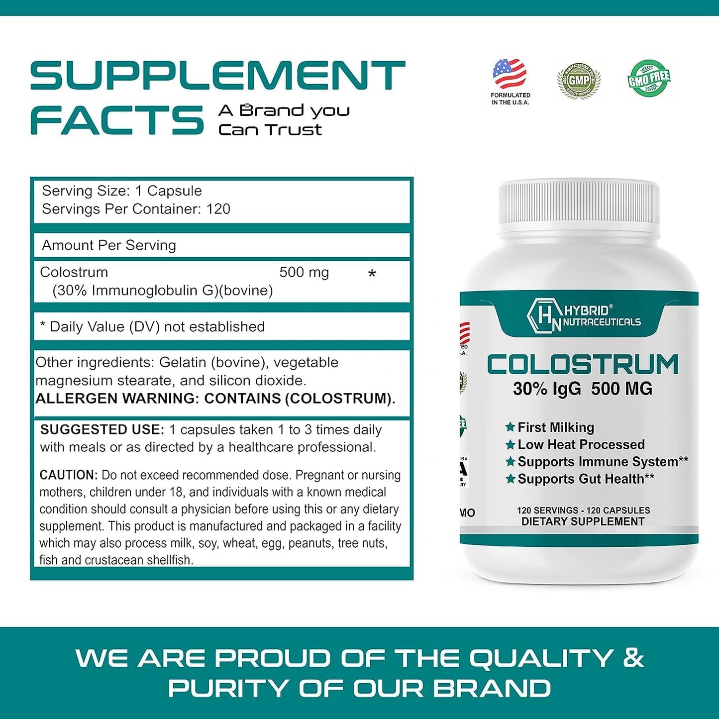 Hybrid Nutraceuticals Bovine Colostrum Supplement - Muscle Building & Immune Support - 240 Capsules - 500mg - 30% IgG