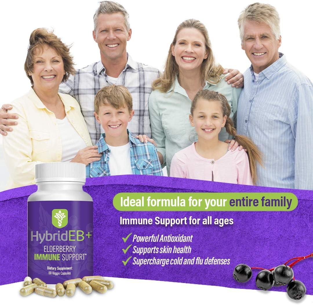 HybridEB Sambucus Elderberry Immune Support Capsules with Vitamin C, Zinc, D3, Garlic, and Oregano - Antioxidant Supplement for Adults - 60 Count