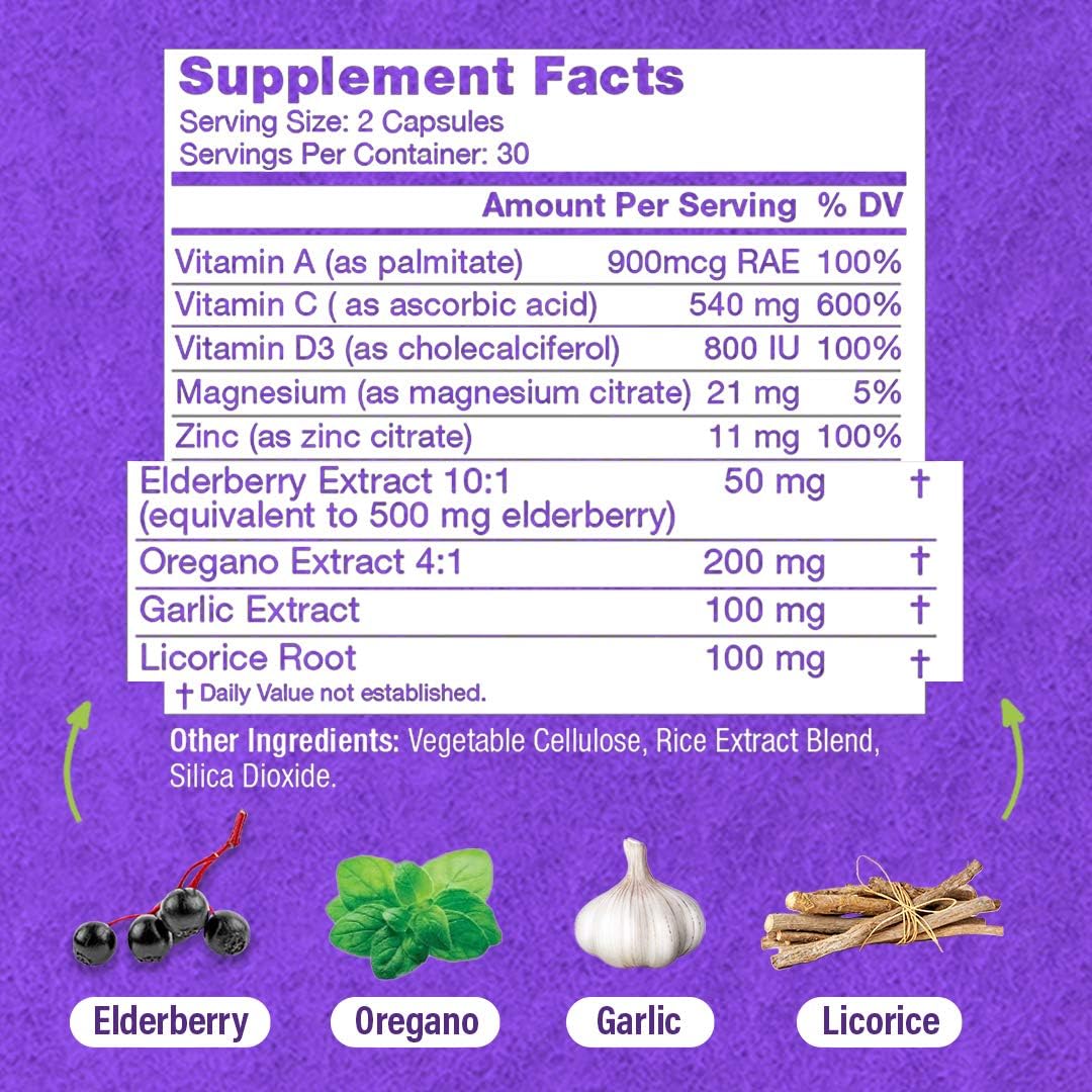 HybridEB Sambucus Elderberry Immune Support Capsules with Vitamin C, Zinc, D3, Garlic, and Oregano - Antioxidant Supplement for Adults - 60 Count