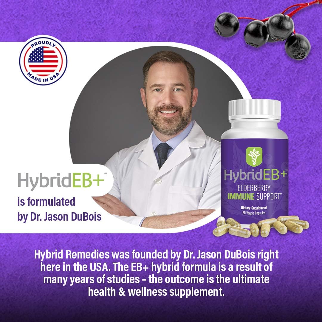 HybridEB Sambucus Elderberry Immune Support Capsules with Vitamin C, Zinc, D3, Garlic, and Oregano - Antioxidant Supplement for Adults - 60 Count
