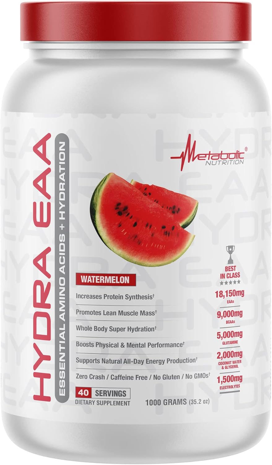 Hydra EAA Metabolic Nutrition Supplement with Essential Amino Acids, BCAAs, Glutamine, Coconut Water & Glycerol for Hydration - Watermelon Flavor, 1000g