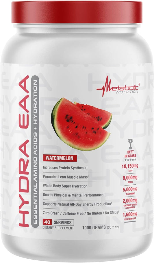 Hydra EAA Metabolic Nutrition Supplement with Essential Amino Acids, BCAAs, Glutamine, Coconut Water & Glycerol for Hydration - Watermelon Flavor, 1000g
