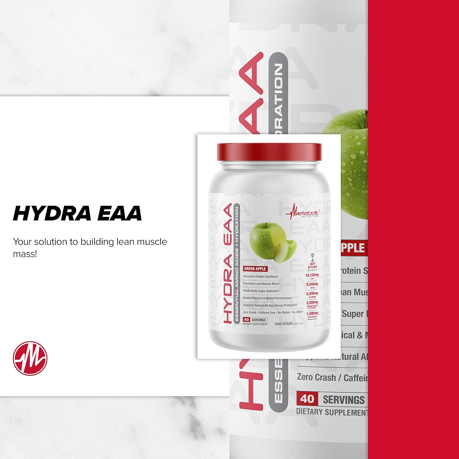 Hydra EAA Metabolic Nutrition Supplement with Essential Amino Acids, BCAAs, Glutamine, Coconut Water & Glycerol for Hydration - Watermelon Flavor, 1000g