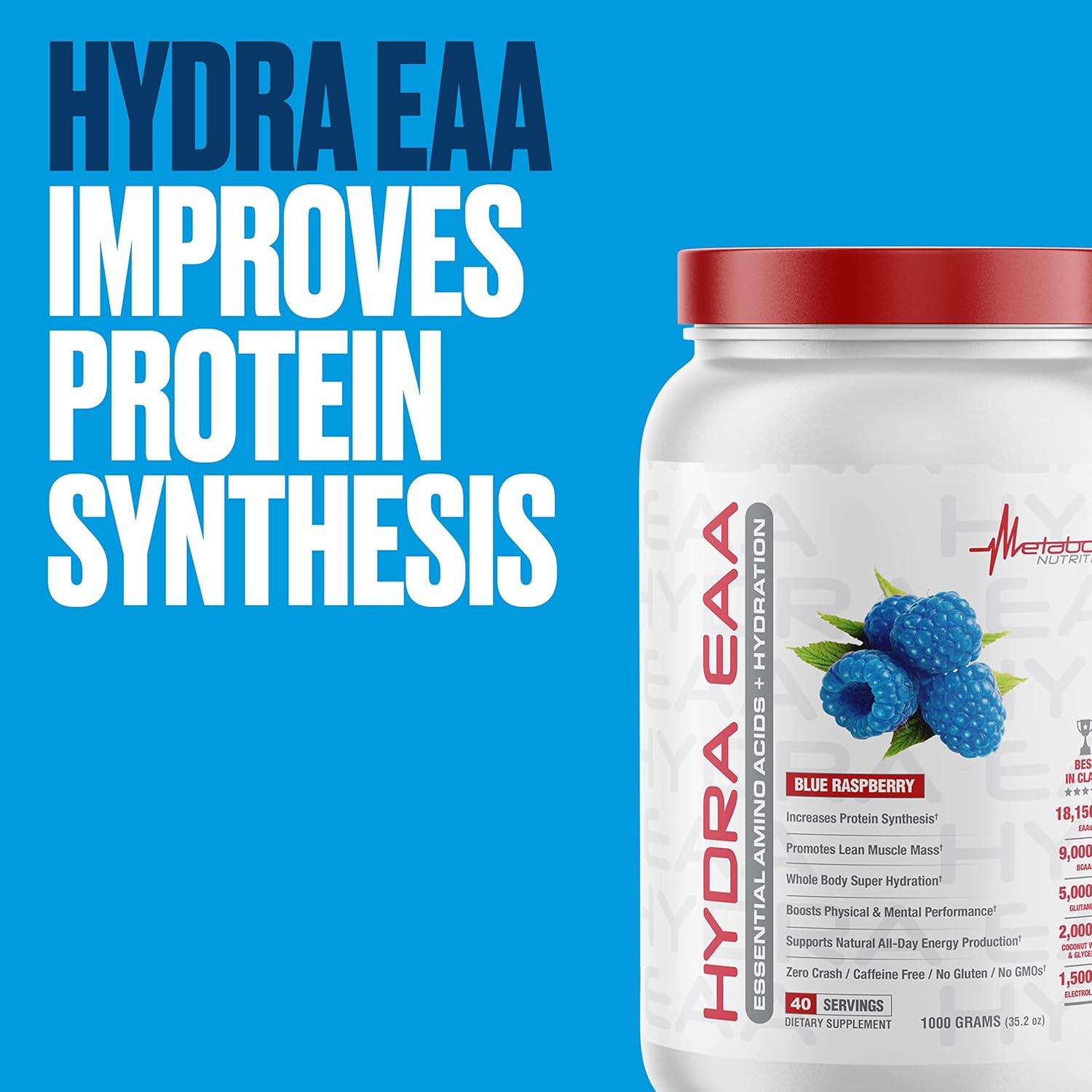 Hydra EAA Metabolic Nutrition Supplement with Essential Amino Acids, BCAAs, Glutamine, Coconut Water & Glycerol for Hydration - Watermelon Flavor, 1000g