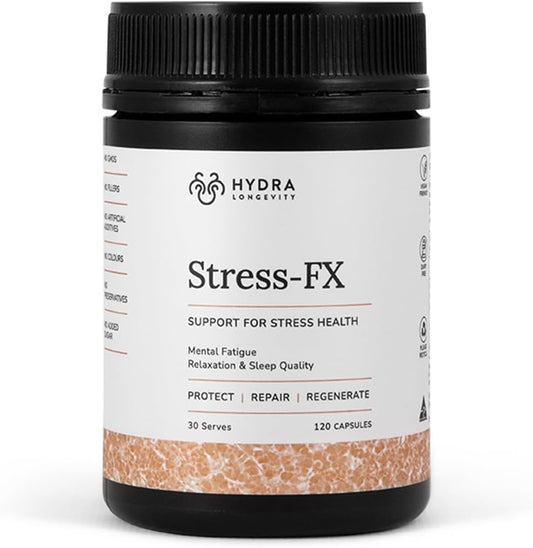 Hydra Longevity Stress-FX: Adaptogen Stress & Mood Support Supplement, Ashwagandha & L-Theanine, 120 Capsules