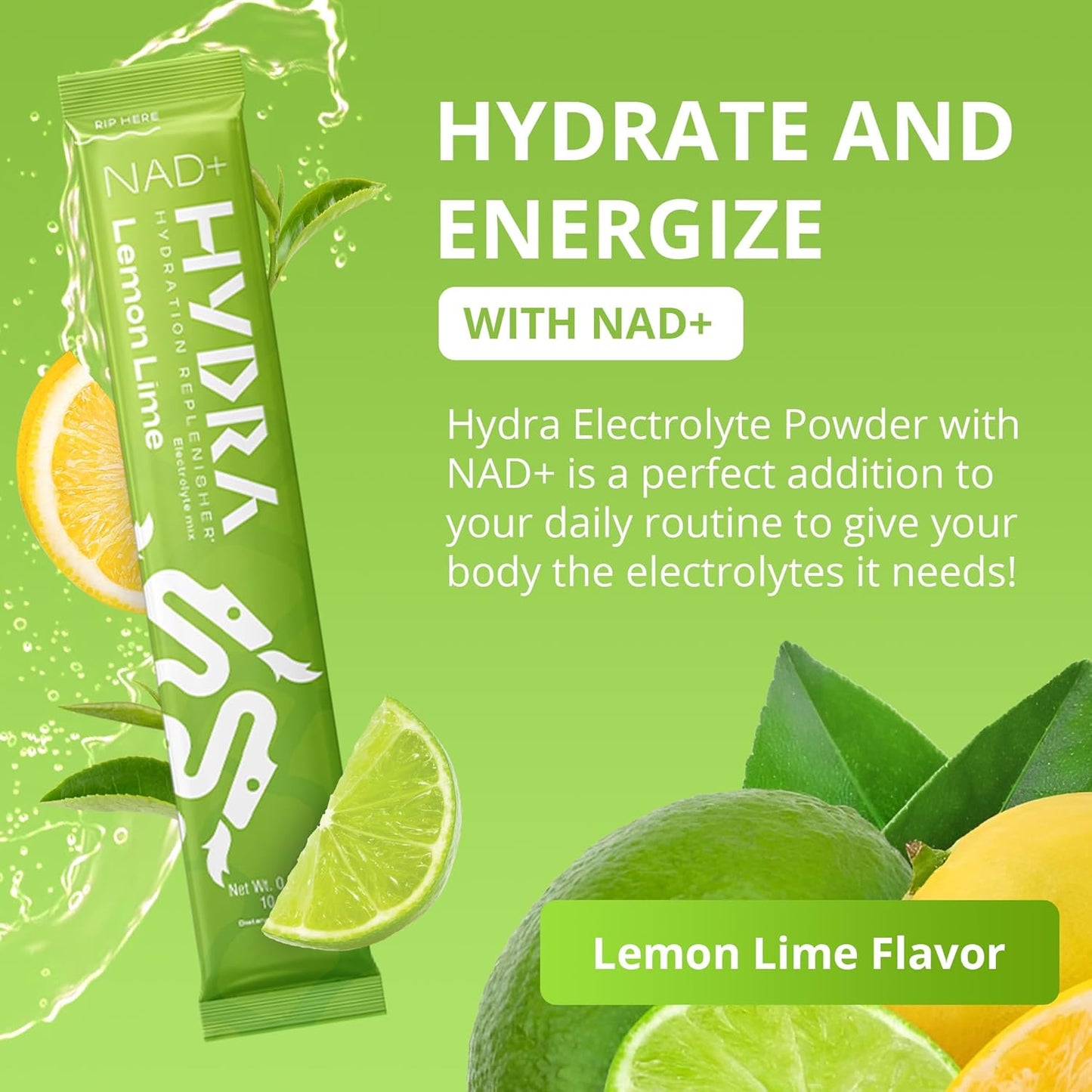 Hydra Powder Nutrients Electrolyte Packets with NAD+ for Daily Hydration - Low Sodium, Low Sugar Lemon Lime Mix