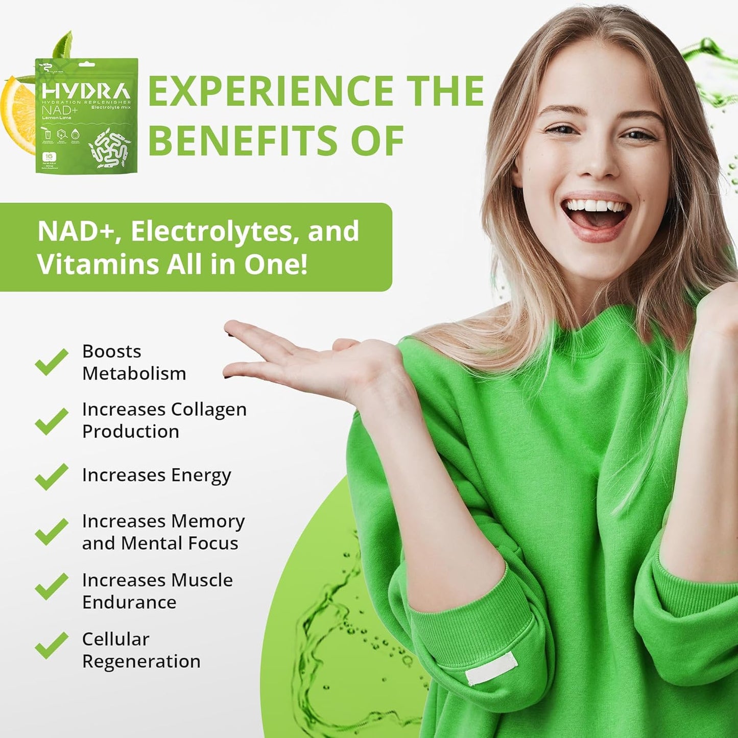 Hydra Powder Nutrients Electrolyte Packets with NAD+ for Daily Hydration - Low Sodium, Low Sugar Lemon Lime Mix