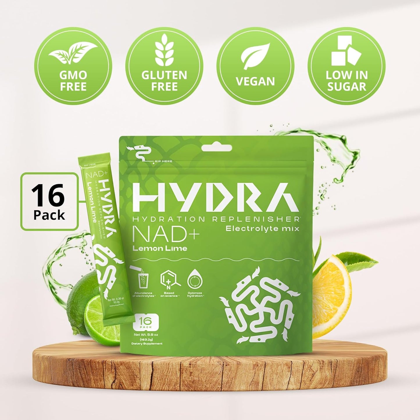 Hydra Powder Nutrients Electrolyte Packets with NAD+ for Daily Hydration - Low Sodium, Low Sugar Lemon Lime Mix
