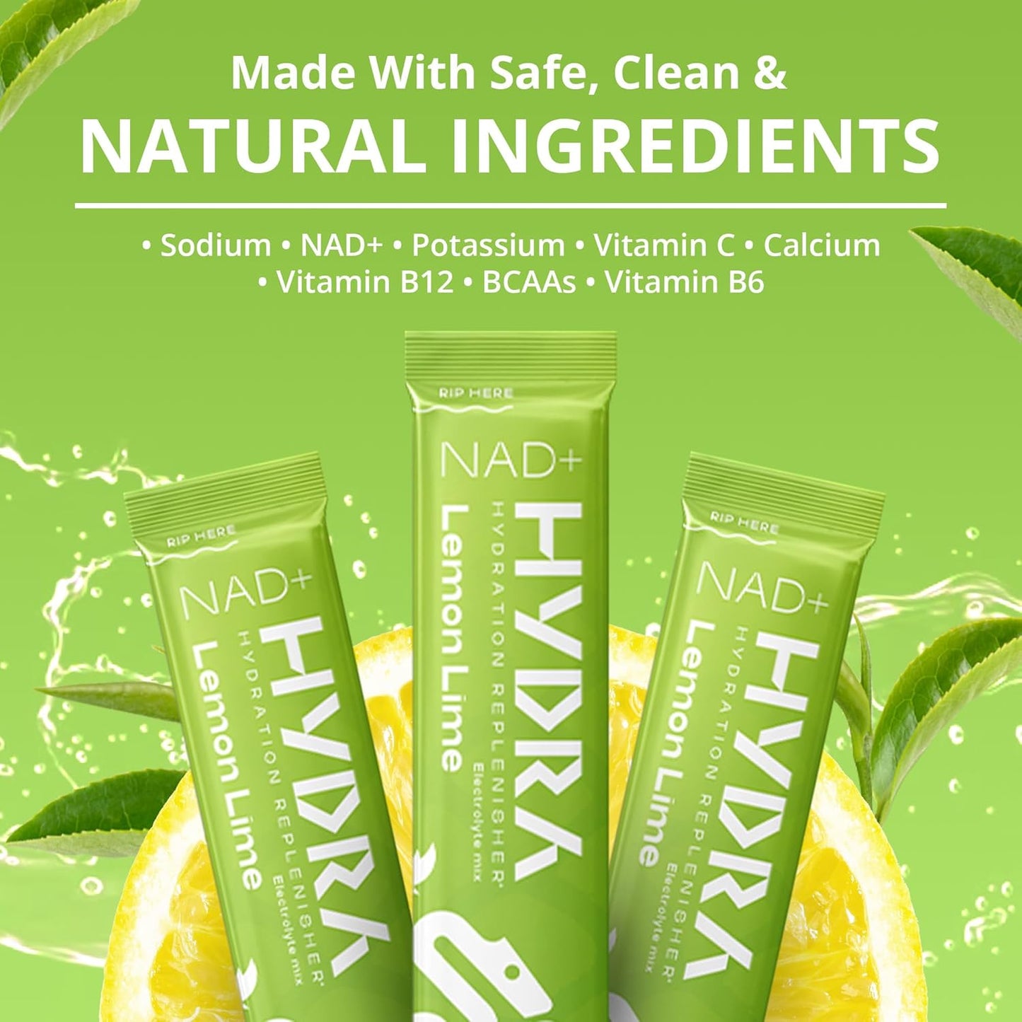 Hydra Powder Nutrients Electrolyte Packets with NAD+ for Daily Hydration - Low Sodium, Low Sugar Lemon Lime Mix