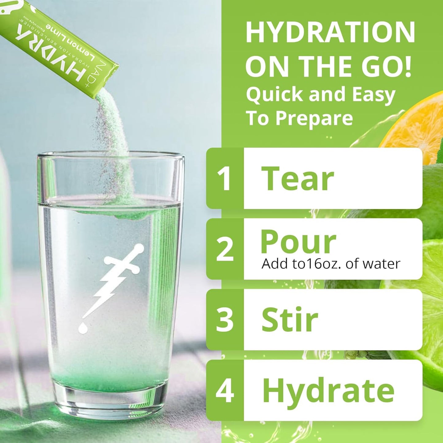 Hydra Powder Nutrients Electrolyte Packets with NAD+ for Daily Hydration - Low Sodium, Low Sugar Lemon Lime Mix