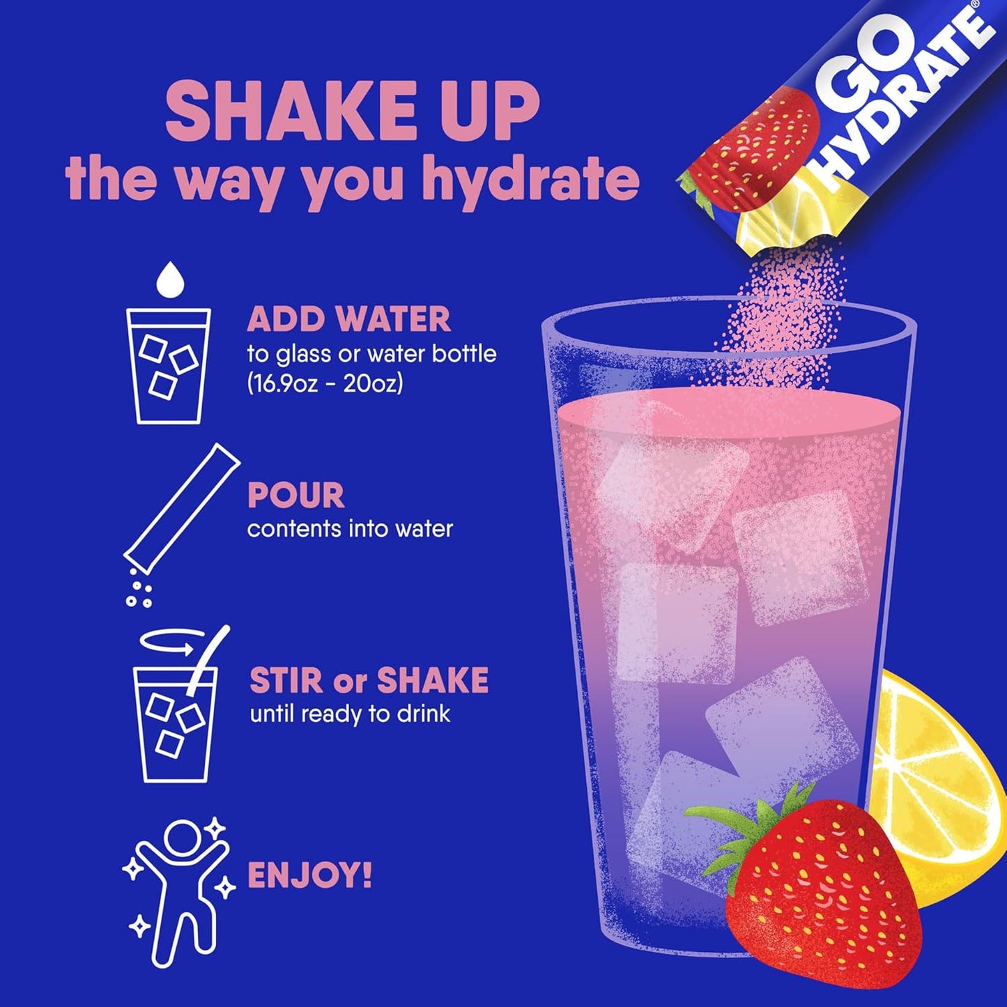 Hydrate Instant Drink Mix with Low Sodium Electrolytes - Natural Sugar Free Hydration Support with Vitamin D - 30 Packets Strawberry Lemonade Flavor