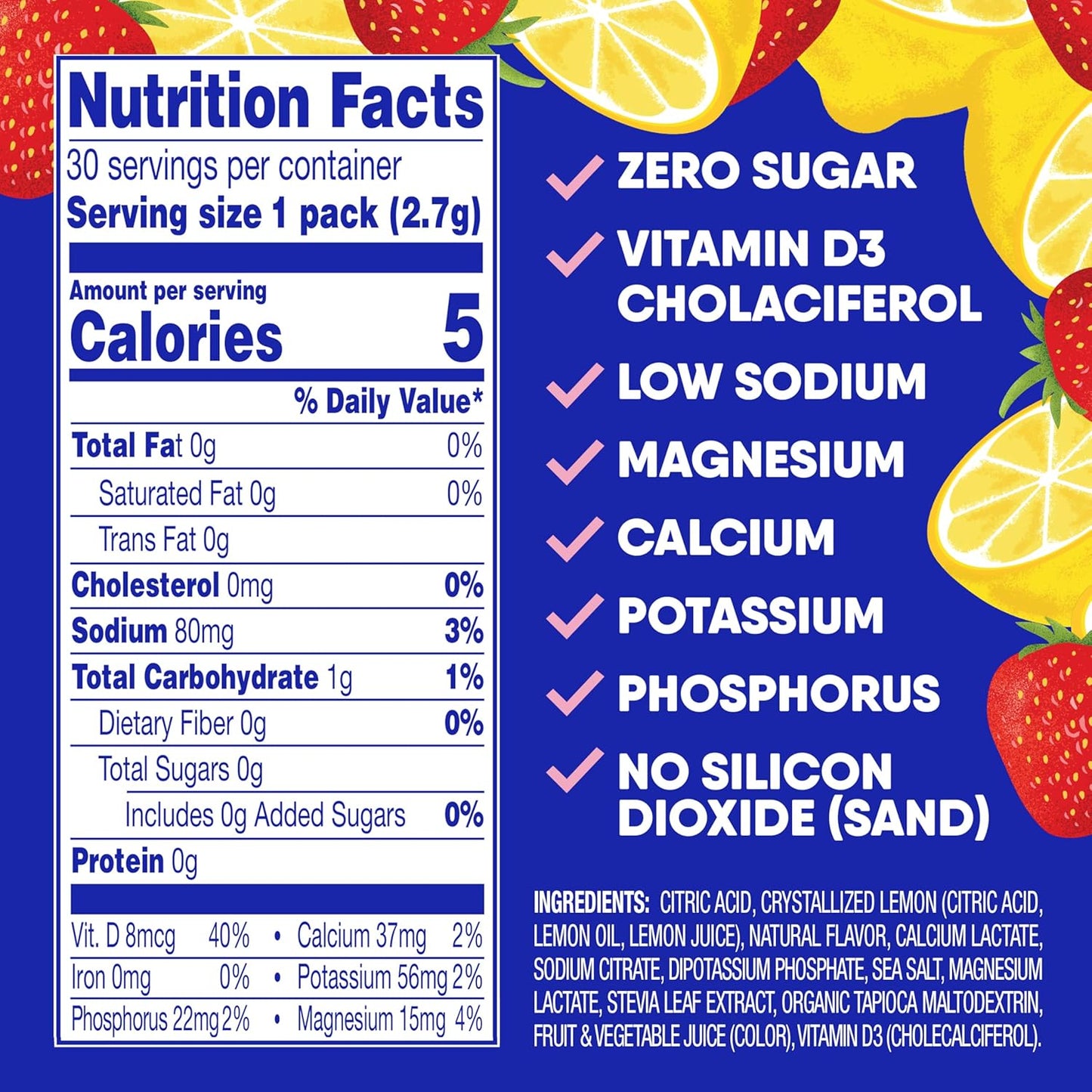 Hydrate Instant Drink Mix with Low Sodium Electrolytes - Natural Sugar Free Hydration Support with Vitamin D - 30 Packets Strawberry Lemonade Flavor