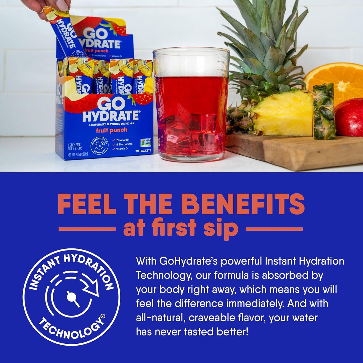Hydrate Instant Electrolyte Drink Mix with Vitamin D - Sugar Free Powder Packets, 30 Fruit Punch Flavored Packs