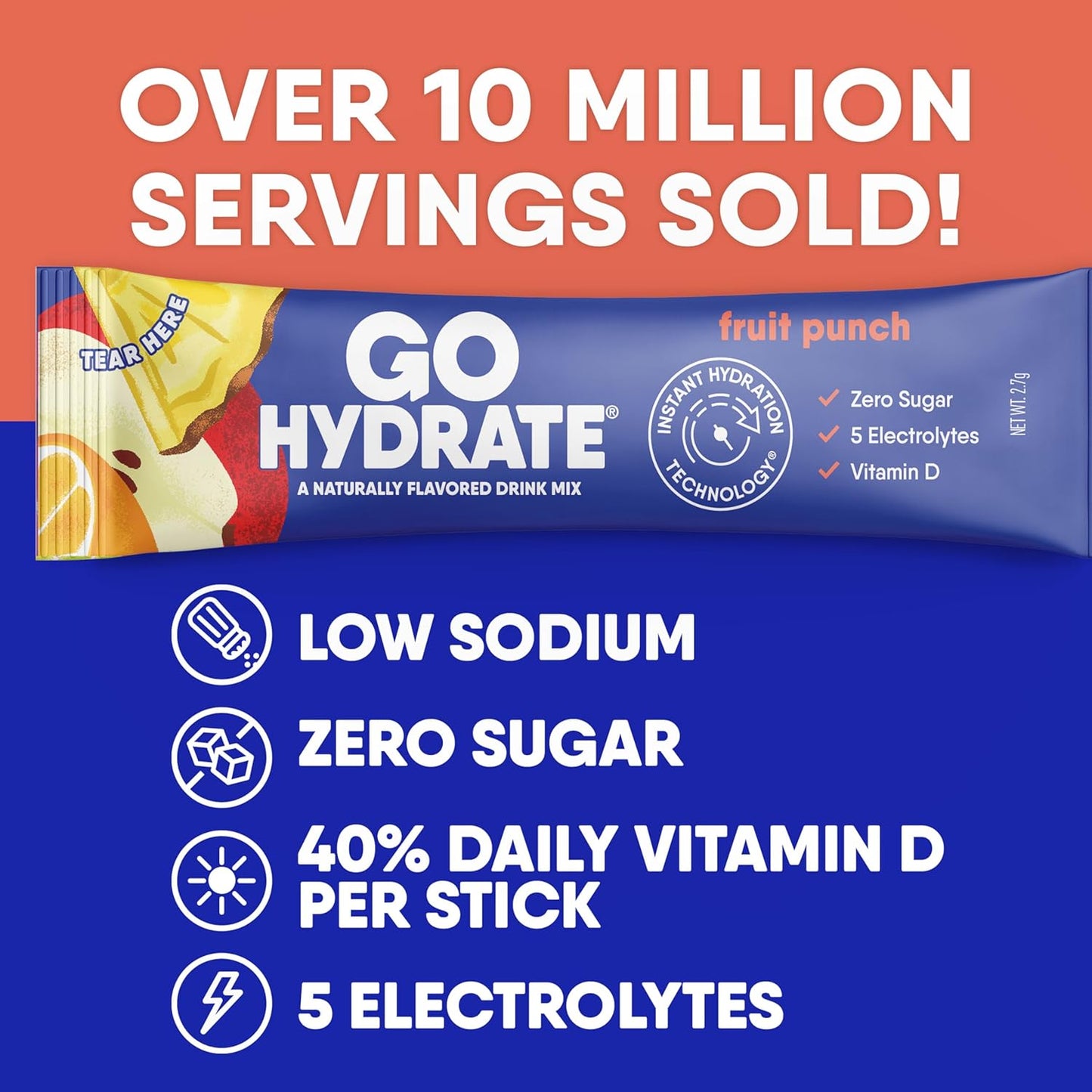 Hydrate Instant Electrolyte Drink Mix with Vitamin D - Sugar Free Powder Packets, 30 Fruit Punch Flavored Packs