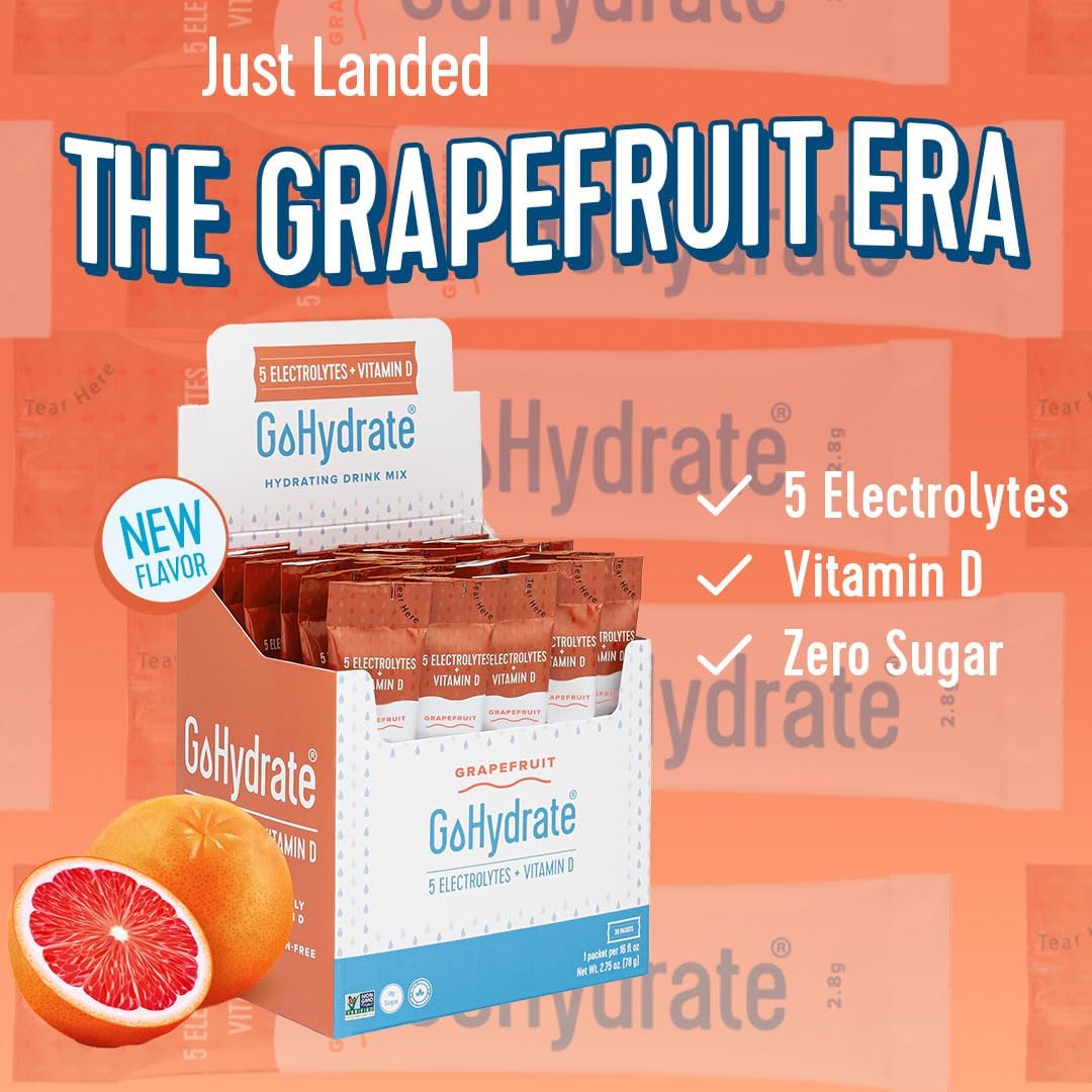 Hydrate On-the-Go with GoHydrate Grapefruit Electrolyte Powder Packets - Sugar Free & Vitamin D Enhanced - 30 Packets