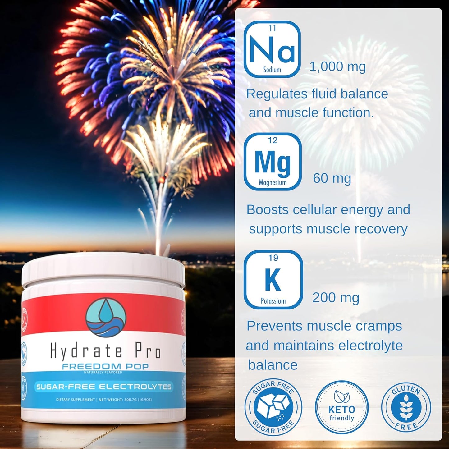 Hydrate Pro Electrolyte Powder | Sugar-Free 1000mg High-Sodium Complex | POTS & Keto Flu Support | 45 Servings (Freedom Pop)