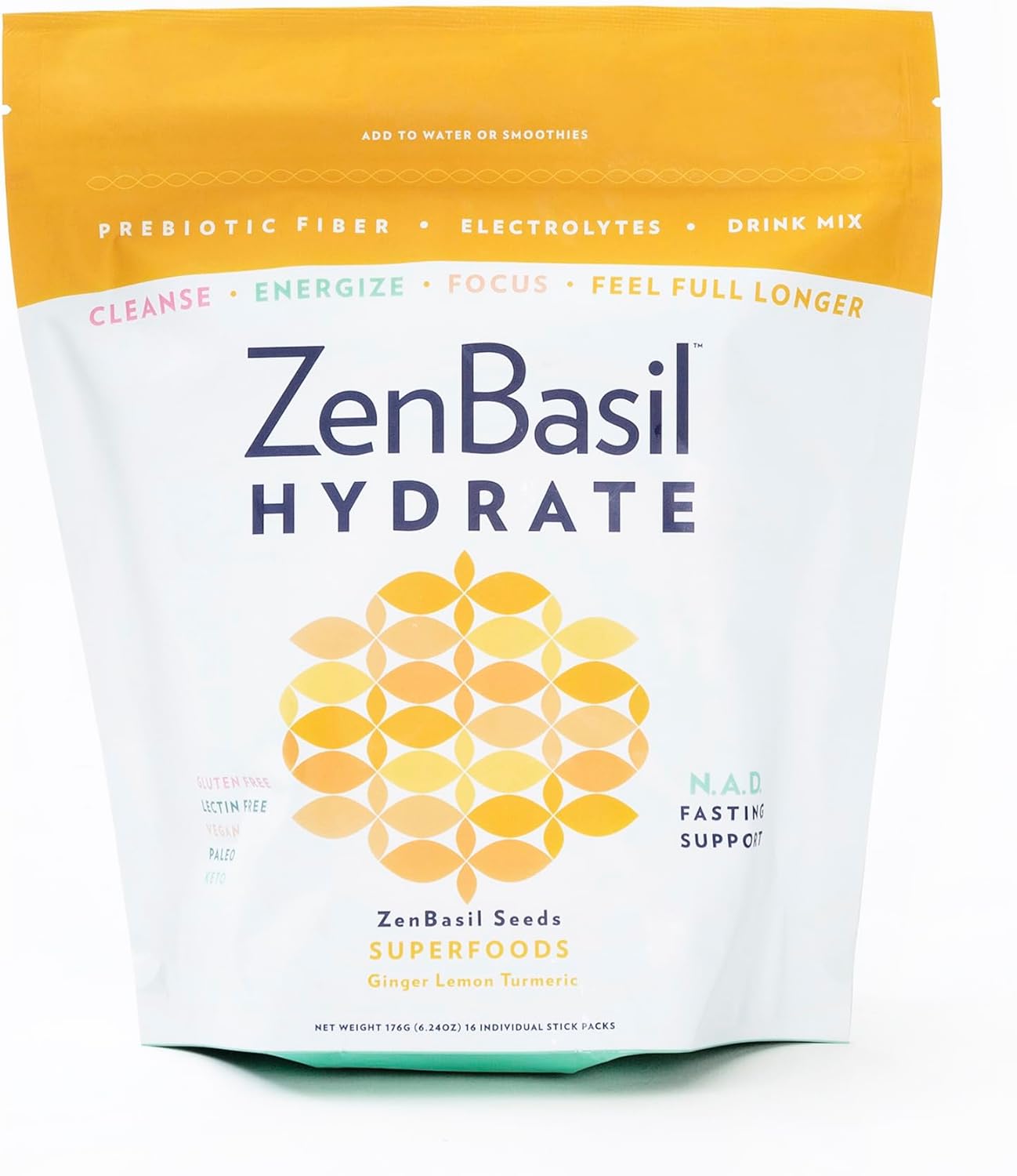 Hydrate & Replenish with Zen Basil Ginger Lemon Turmeric Electrolyte Powder Packets - Fasting Support, Sugar Free, Keto, Paleo - 16 Sticks