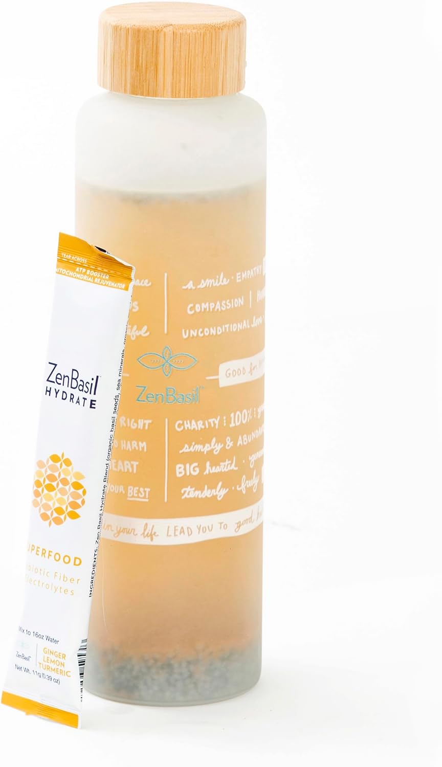 Hydrate & Replenish with Zen Basil Ginger Lemon Turmeric Electrolyte Powder Packets - Fasting Support, Sugar Free, Keto, Paleo - 16 Sticks