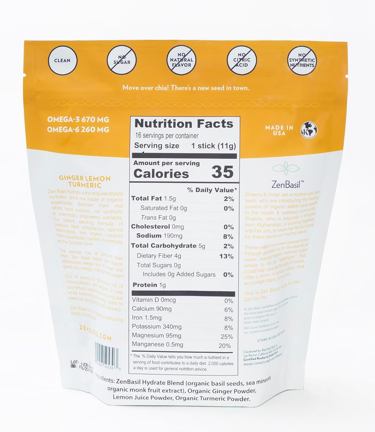 Hydrate & Replenish with Zen Basil Ginger Lemon Turmeric Electrolyte Powder Packets - Fasting Support, Sugar Free, Keto, Paleo - 16 Sticks