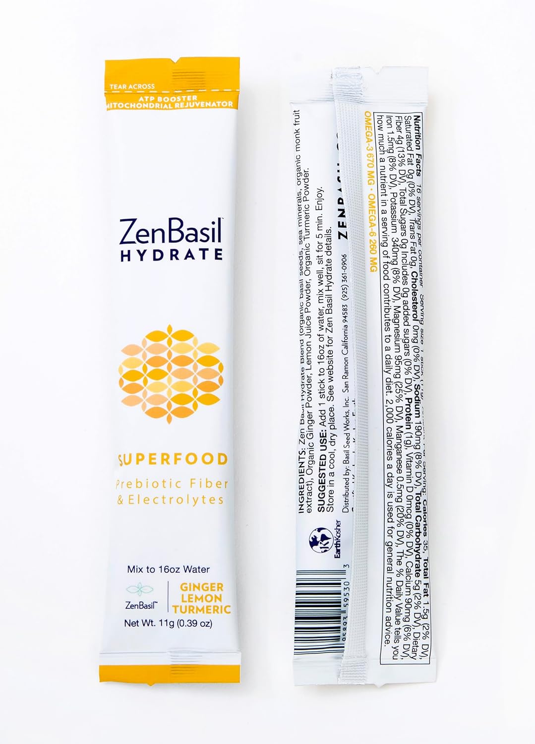 Hydrate & Replenish with Zen Basil Ginger Lemon Turmeric Electrolyte Powder Packets - Fasting Support, Sugar Free, Keto, Paleo - 16 Sticks