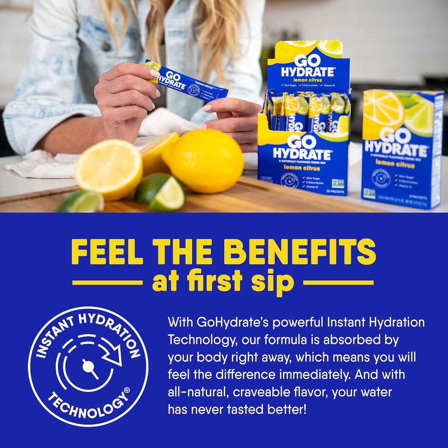 HydrateMe Instant Electrolyte Powder Packets - Low Sodium, Sugar Free Drink Mix with Vitamin D - Natural Lemon Citrus Flavor, 30 Packets