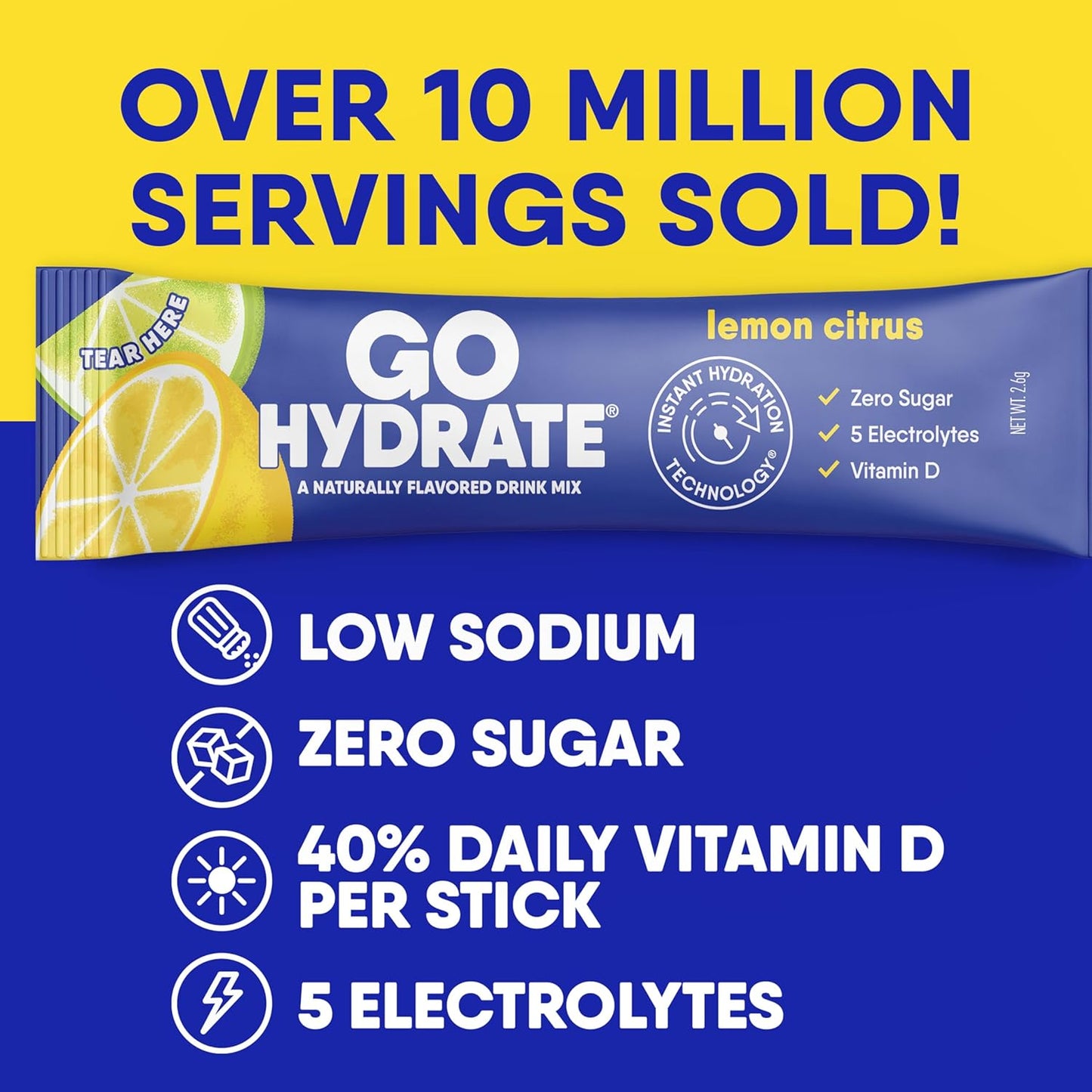 HydrateMe Instant Electrolyte Powder Packets - Low Sodium, Sugar Free Drink Mix with Vitamin D - Natural Lemon Citrus Flavor, 30 Packets