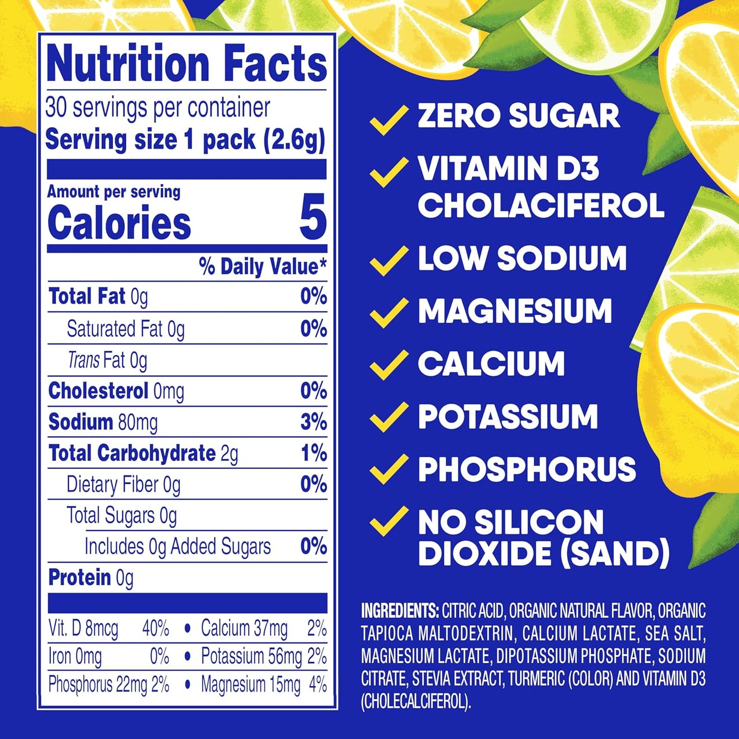 HydrateMe Instant Electrolyte Powder Packets - Low Sodium, Sugar Free Drink Mix with Vitamin D - Natural Lemon Citrus Flavor, 30 Packets