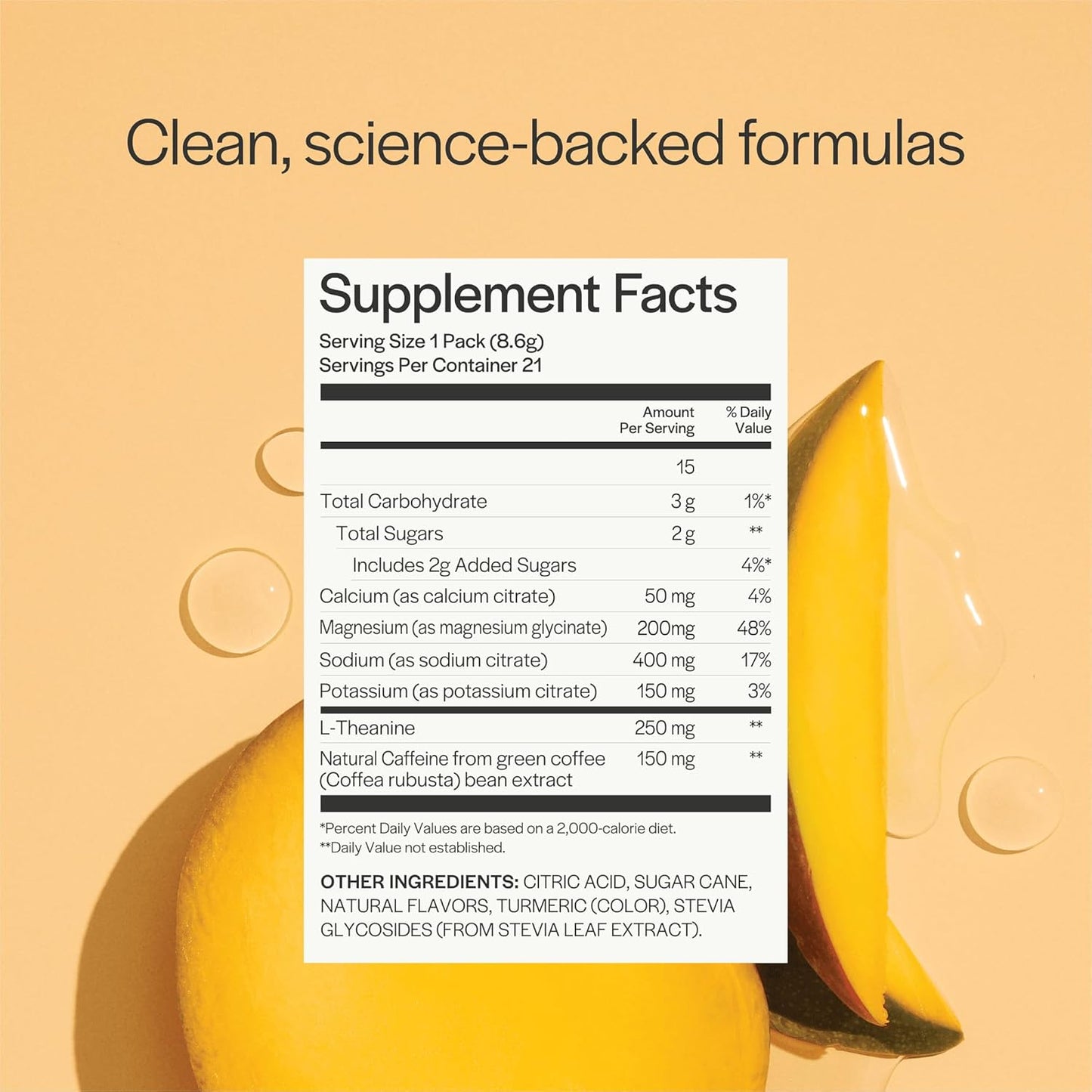 Hydrating Caffeine Powder Packets with Electrolytes and L Theanine - Tropical Mango Drink Mix, 21 Sticks